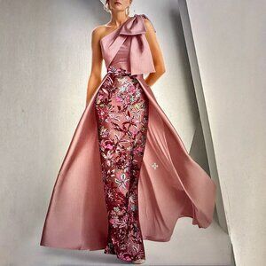 Formal wedding guest dress, one shoulder, beaded skirt, dusky pink, US size 4